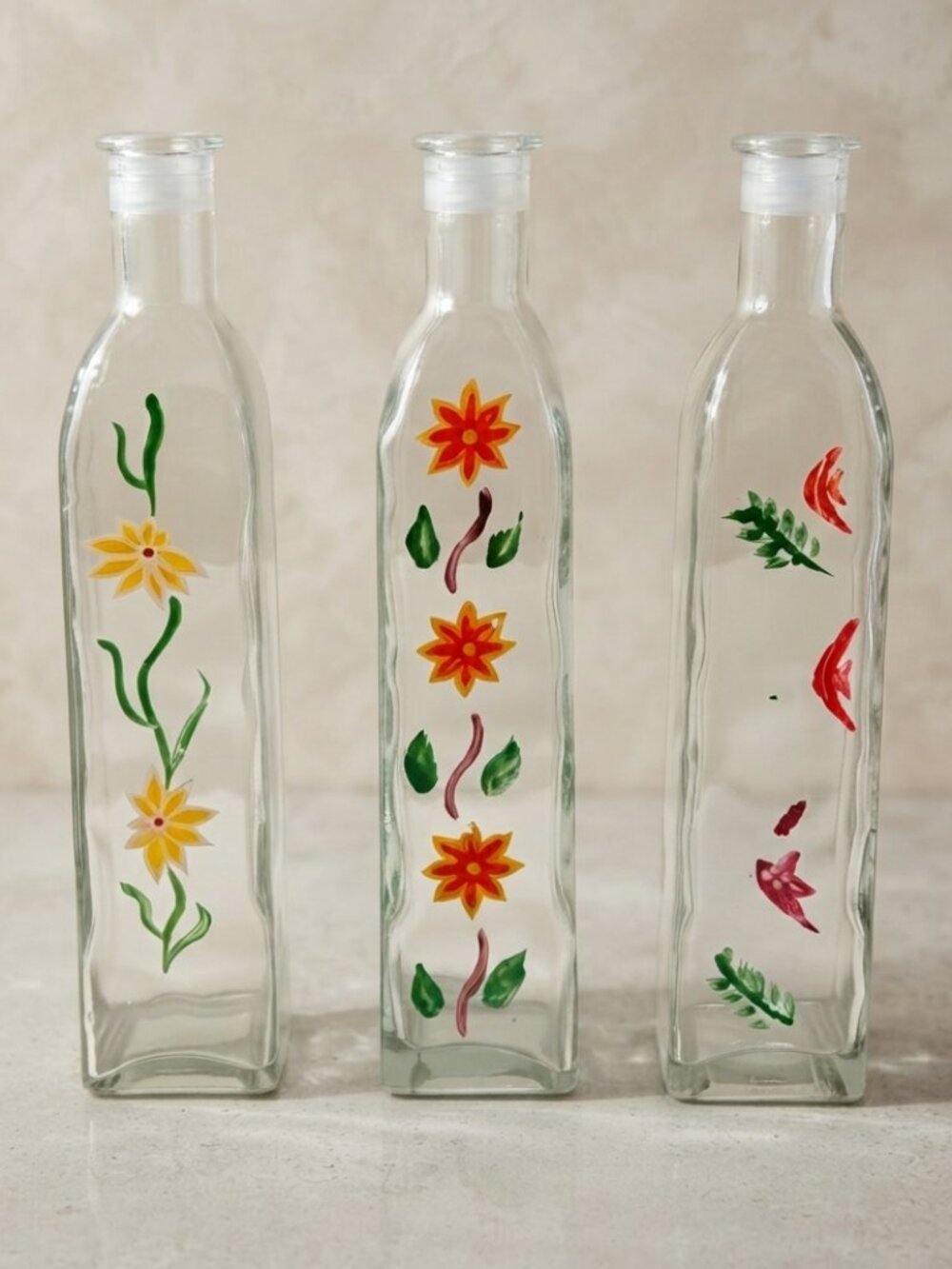 Vintage Hand Painted Clear Glass Floral Bottle Vases Set of 3 9.75"